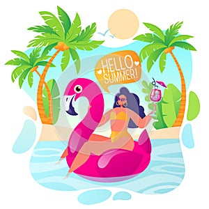 Trendy vector illustration on summer holiday, vacation theme. ÐÐ°Ñ€pÑƒ woman character resting in flamingo swimming circle.
